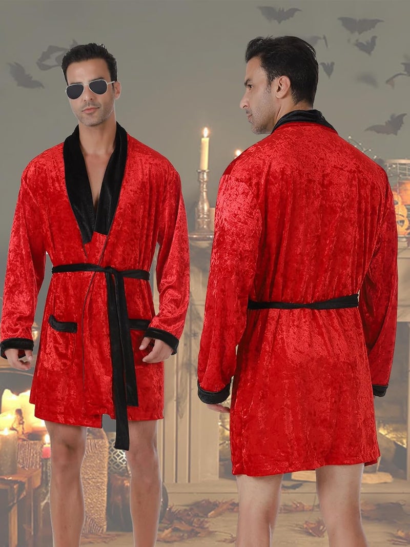 Onancehim Store Halloween Men's Red Velvet Robe Smoking Jacket, Adult Halloween Costumes with Belt Captain Hat - Image 3